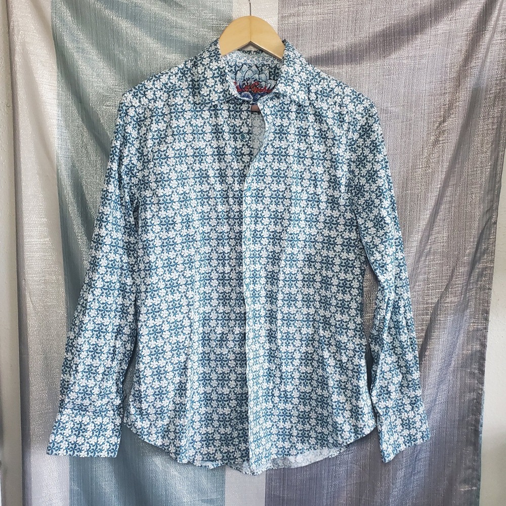 Robert Graham Mens Blue White Geometric Floral Paisley Trim Button Down Shirt M